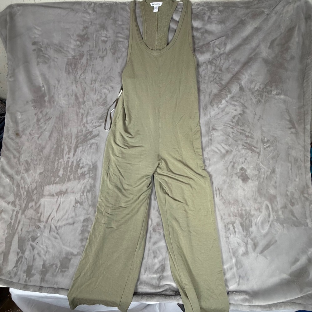 Athleta Womens Small Olive Green Racerback Knit Wide Leg Jumpsuit Loungewear